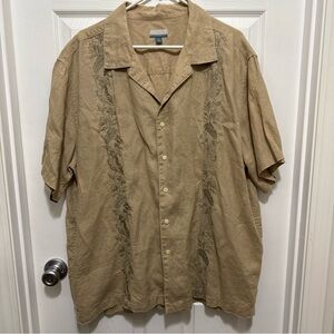 Breakwater Mens XL Short Sl.  Button Shirt Tan 100% Linen Tropical Embroidered